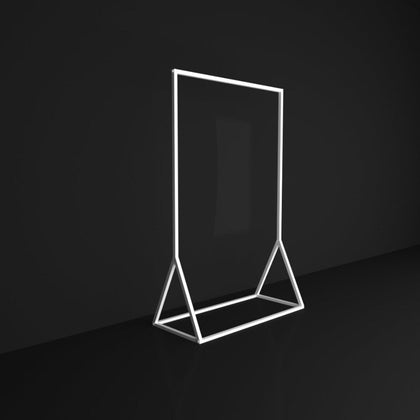 A sleek freestanding clothes rail with a minimalist white metal frame, displayed against a dark background to emphasize its modern and versatile design.