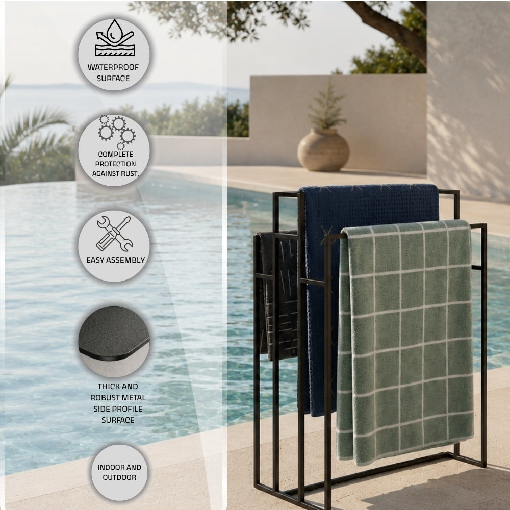 Freestanding outdoor pool towel rack feature image with water-resistant surface, rust resistance, easy assembly, thick metal side profile, and indoor and outdoor use callouts.