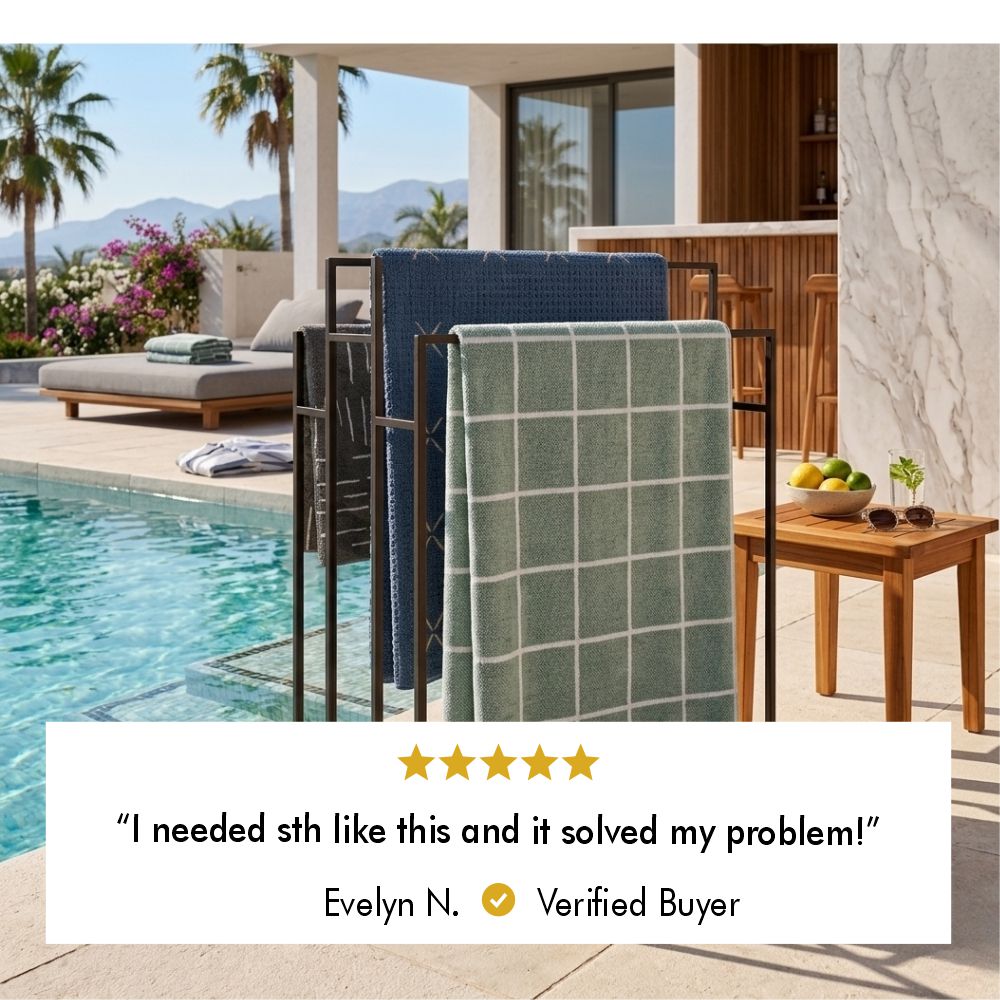 Five-star customer review from verified buyer Evelyn N. saying the pool towel rack solved her towel storage problem.