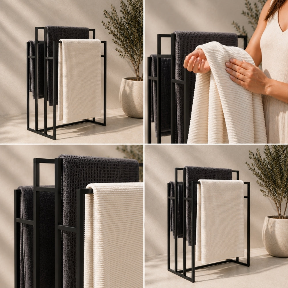 Detail collage for black freestanding outdoor towel rack showing towel placement, multi-rail structure, and use detail.