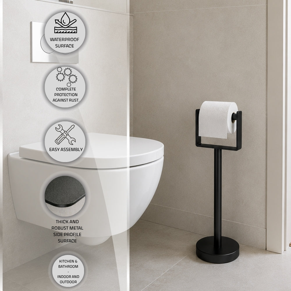 Freestanding toilet paper holder stand feature image showing waterproof surface, rust protection, easy assembly, thick metal profile, and indoor and outdoor use callouts.