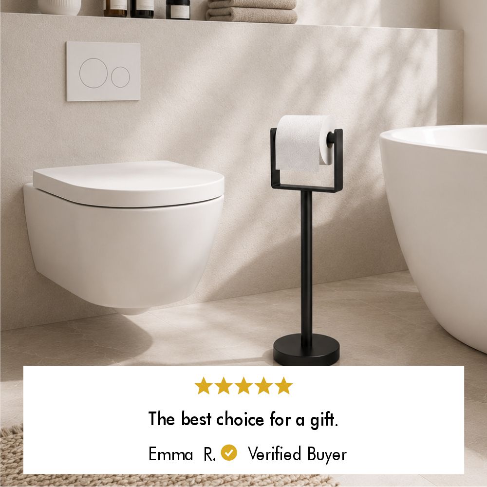 Five-star customer review from verified buyer Emma R. for freestanding toilet paper holder stand.
