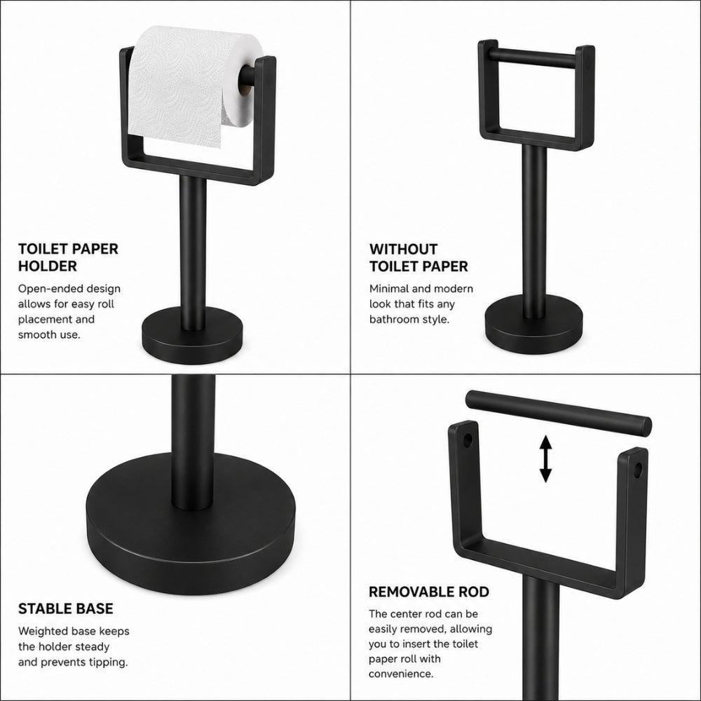 Detail collage for black freestanding toilet paper holder stand showing removable rod, stable base, and roll holder use.