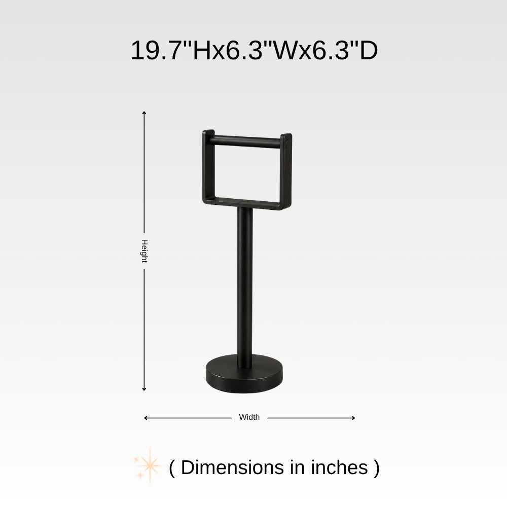 Dimension chart for freestanding toilet paper holder stand showing 19.7 inch height and 6.3 inch width and depth.