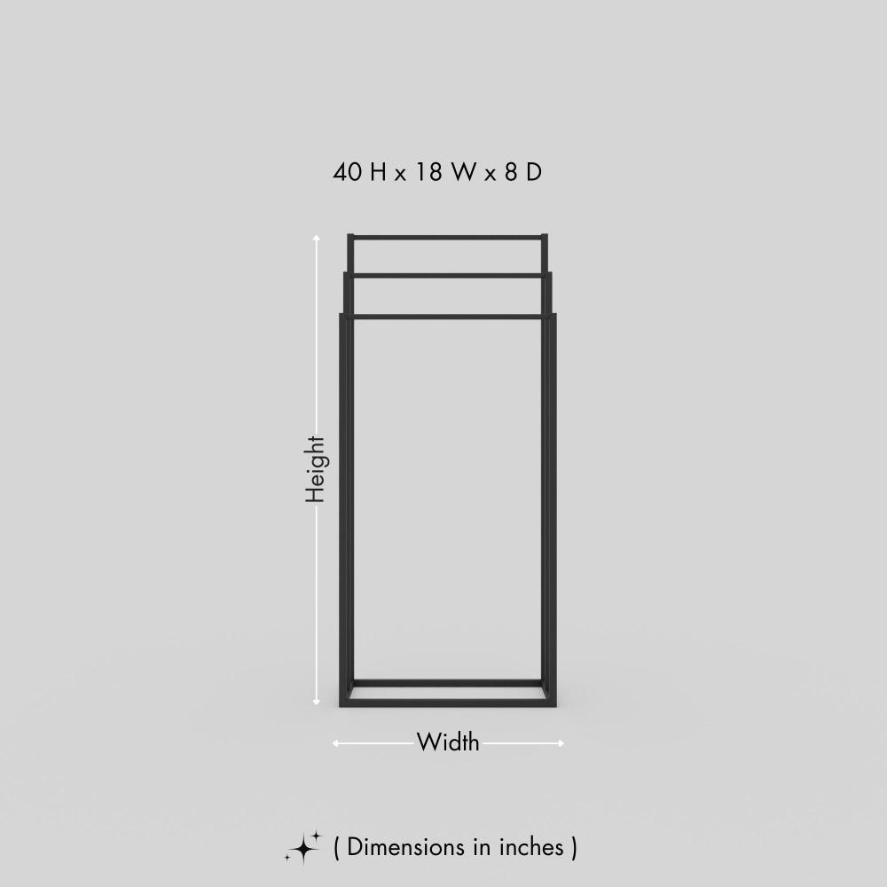 Dimensions of the free-standing towel rack displayed on a plain background, measuring 40 inches in height, 18 inches in width, and 8 inches in depth.. This diagram is labelled in inches; centimetre values are shown beside the image.