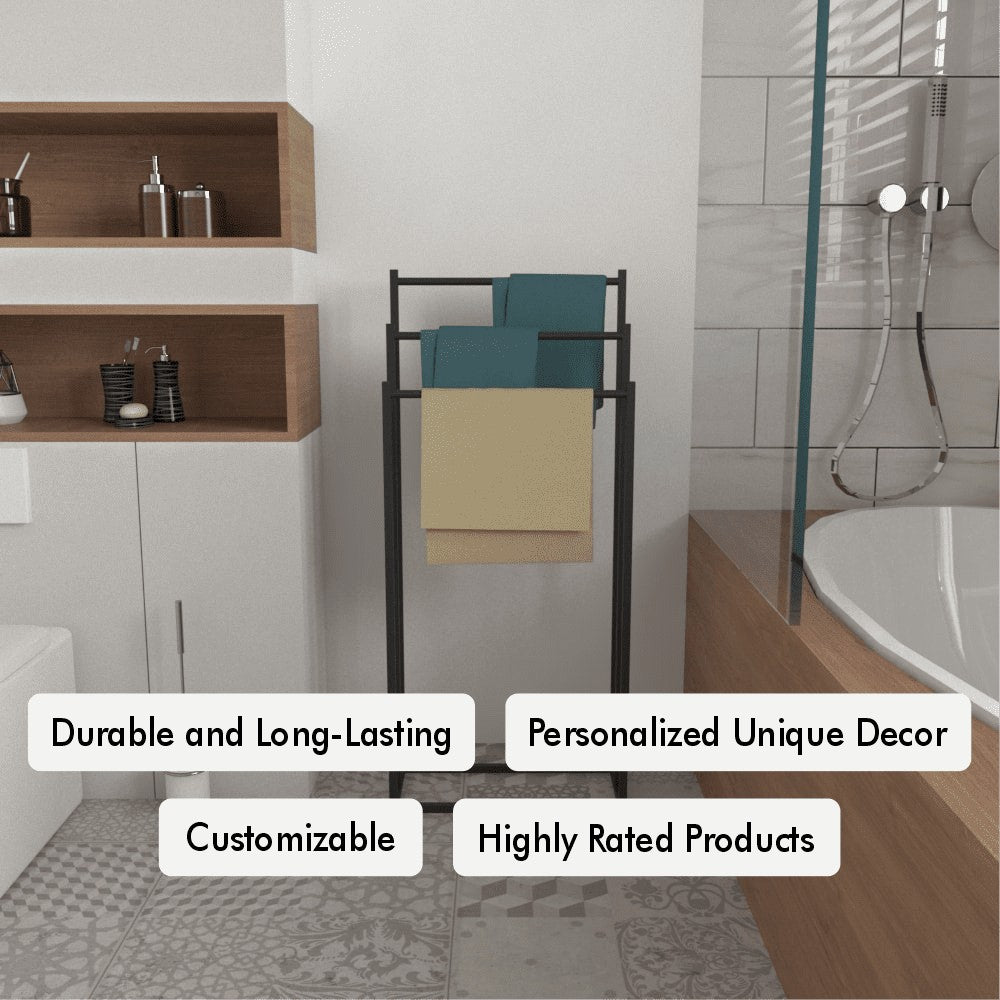 Free Standing 3-Tier Swimming Pool Towel Rack placed in a modern bathroom setting.