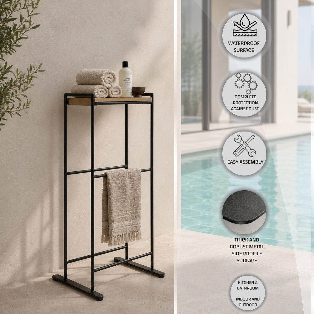Freestanding towel rack with top shelf feature image with waterproof surface, rust protection, easy assembly, thick metal profile, and indoor and outdoor use callouts.