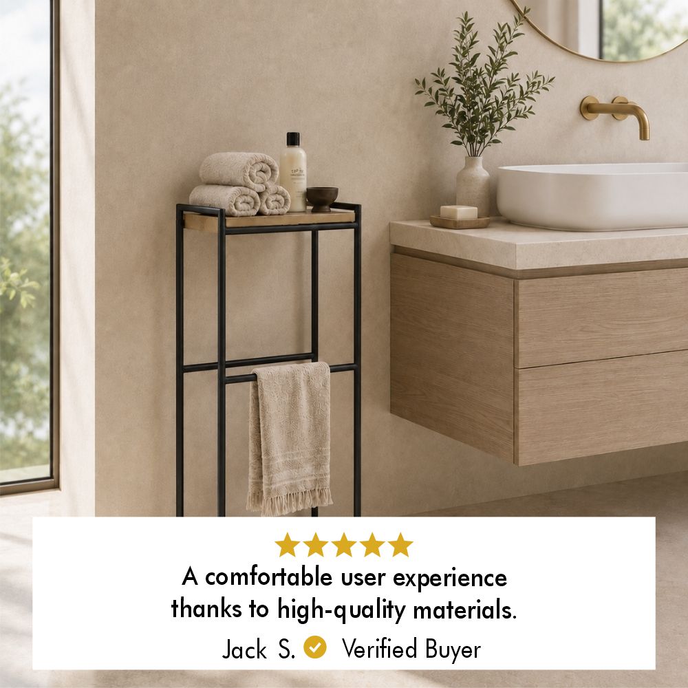 Five-star customer review from verified buyer Jack S. saying the freestanding towel rack gives a comfortable user experience with high-quality materials.
