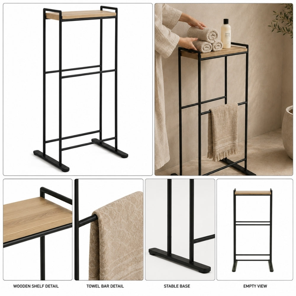 Detail collage for black freestanding towel rack with top shelf showing wood shelf detail, towel bar detail, stable base, and empty view.