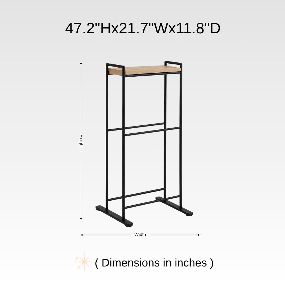 Dimension chart for freestanding towel rack with top shelf showing 47.2 inch height, 21.7 inch width, and 11.8 inch depth.