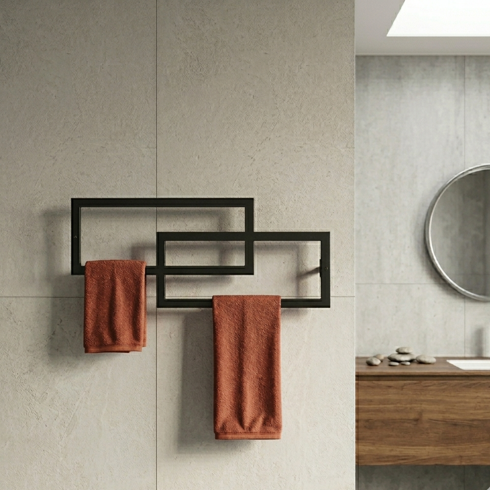 Bathroom with a black towel rack holding two red towels, a round mirror, and a wooden vanity.