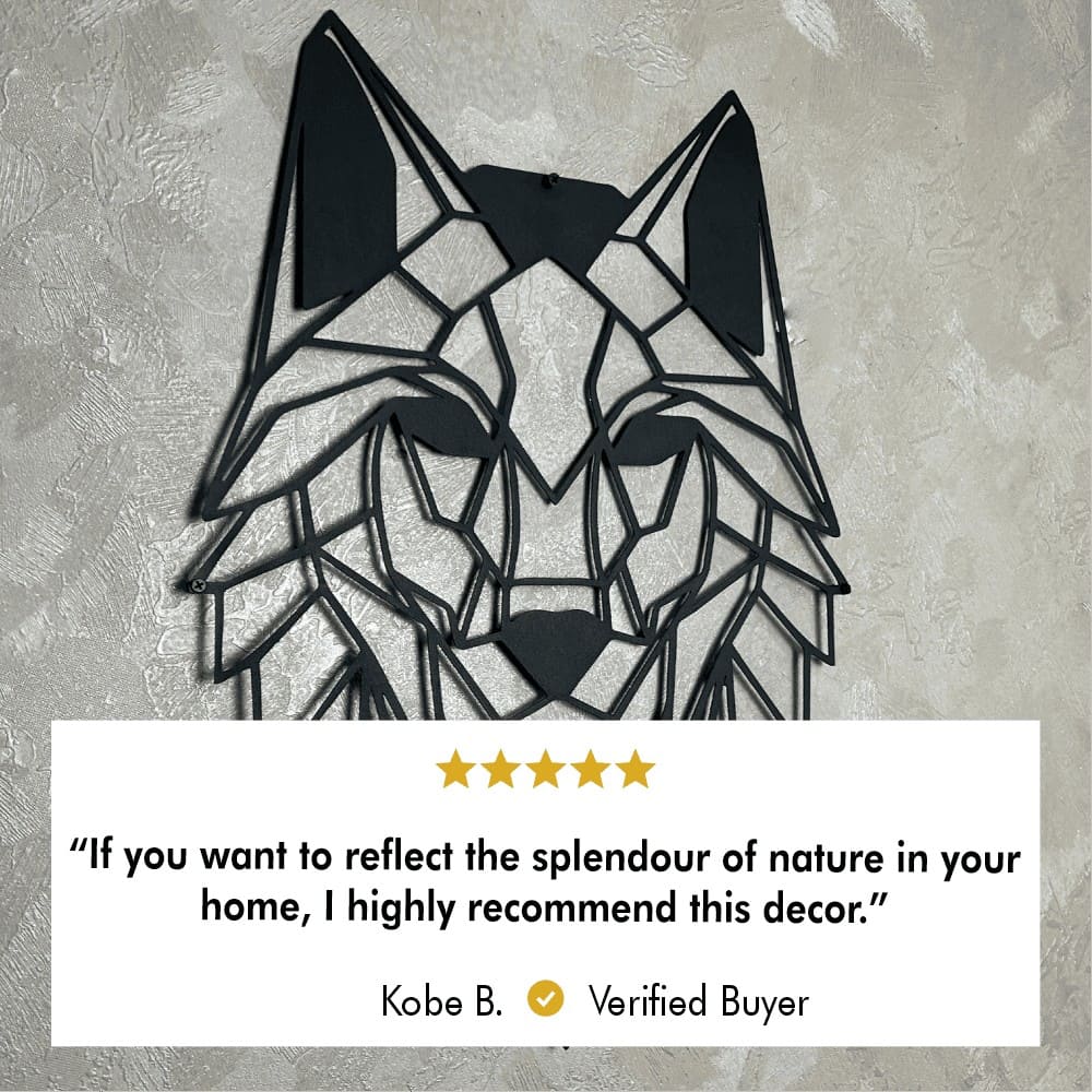 Alpha Wolf Metal Wall Art, laser-cut galvanized steel with electrostatic powder-coat finish.