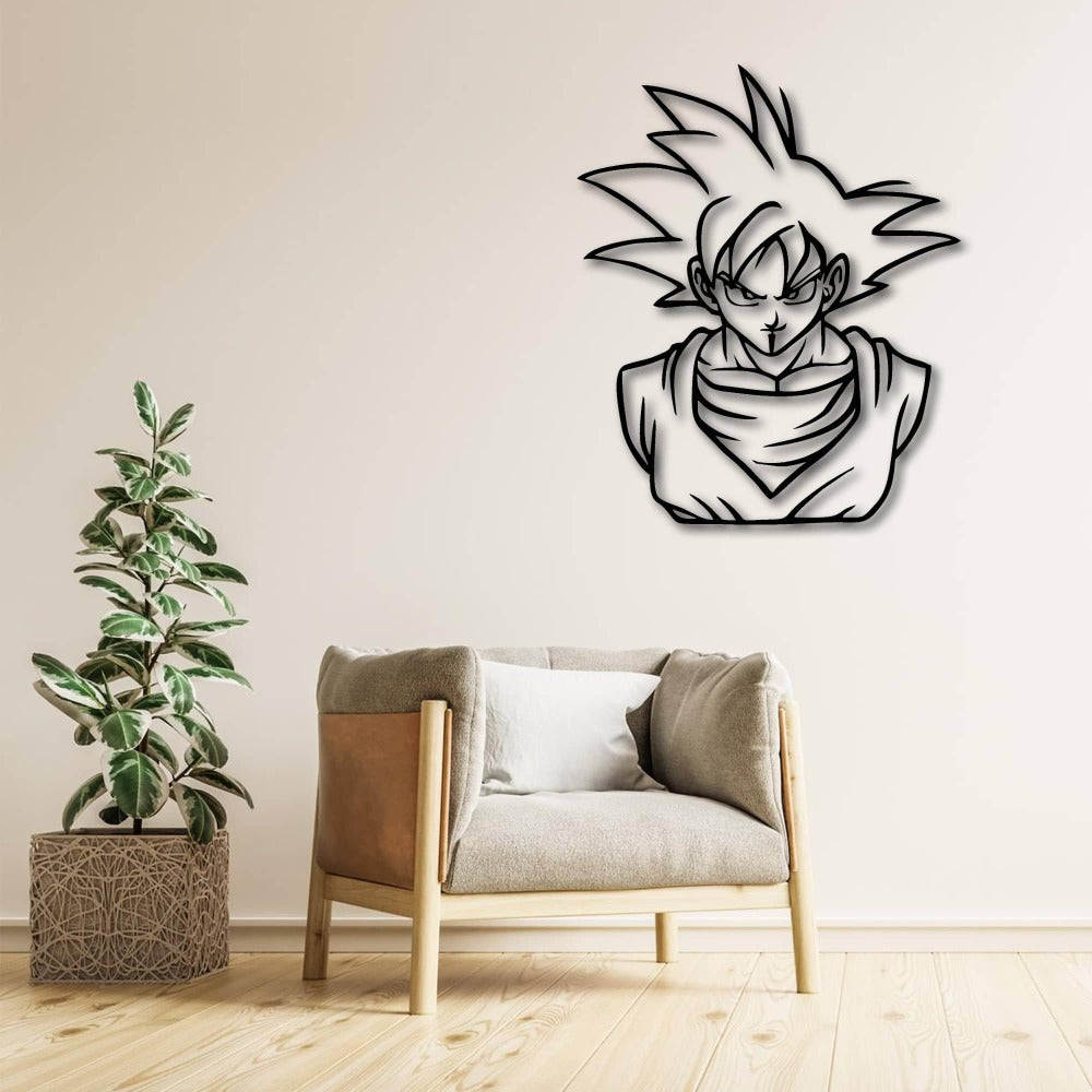 Black Goku Anime Metal Wall Art in a living room