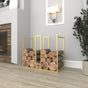 Stylish gold Minimalist Metal Log With Kindling Holder placed next to a fireplace in a modern living room setting