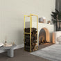 A tall gold metal firewood rack filled with neatly stacked logs, placed next to a modern arched fireplace in a cozy living room. The space features neutral tones, a gray table with minimalist decor, and natural textures for a warm ambiance.