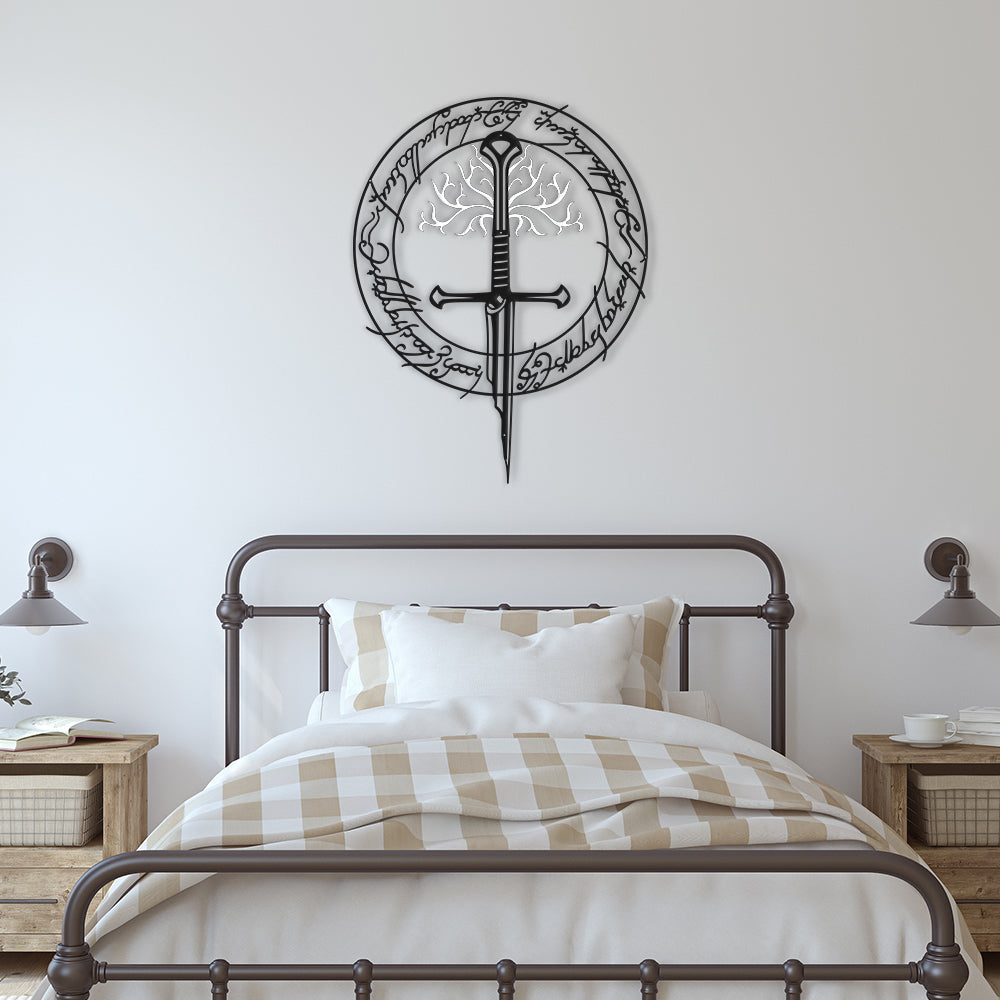Gondor tree and Narsil sword metal wall sign.