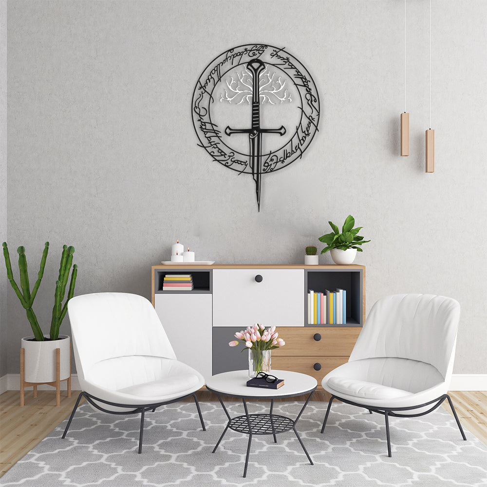 Black metal wall sign with Gondor tree and Narsil sword design.