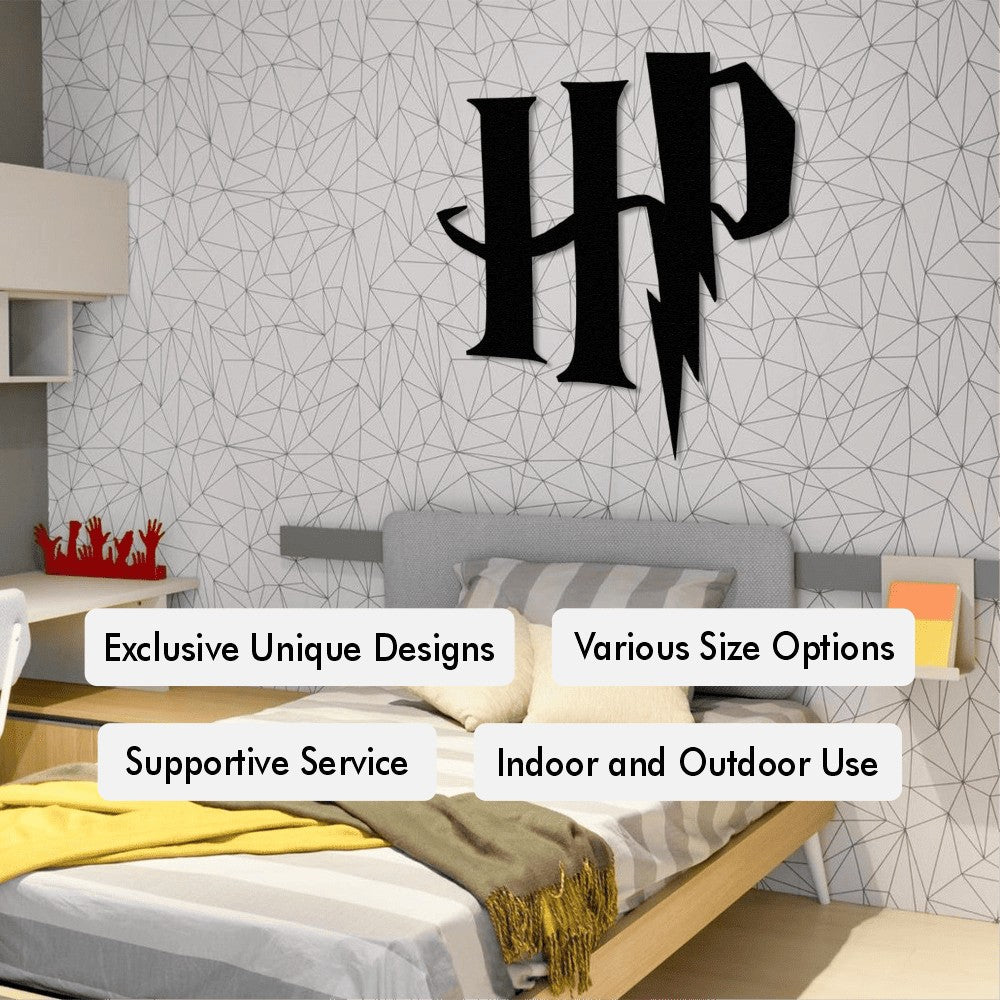 Black Harry Potter HP Logo Metal Wall Art in a bedroom