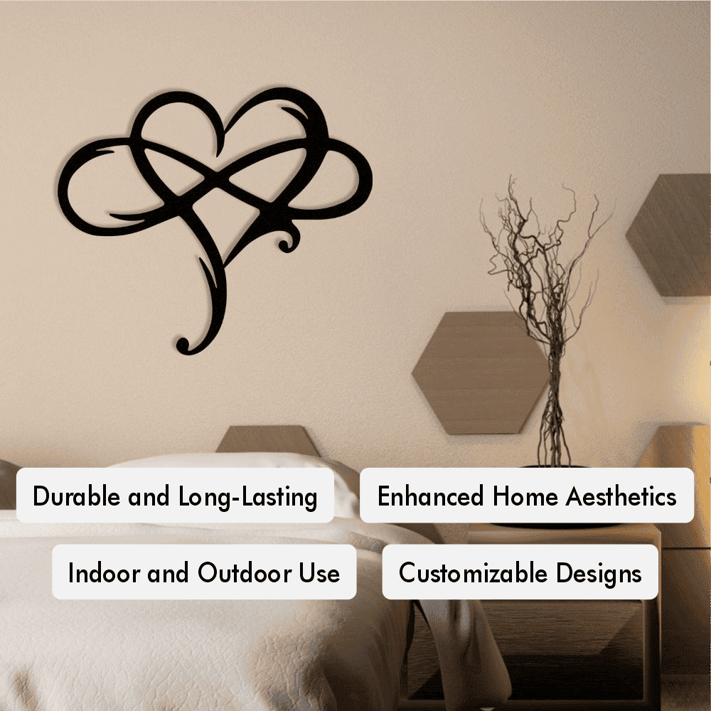Black Infinity Heart Metal Wall Art in a bedroom