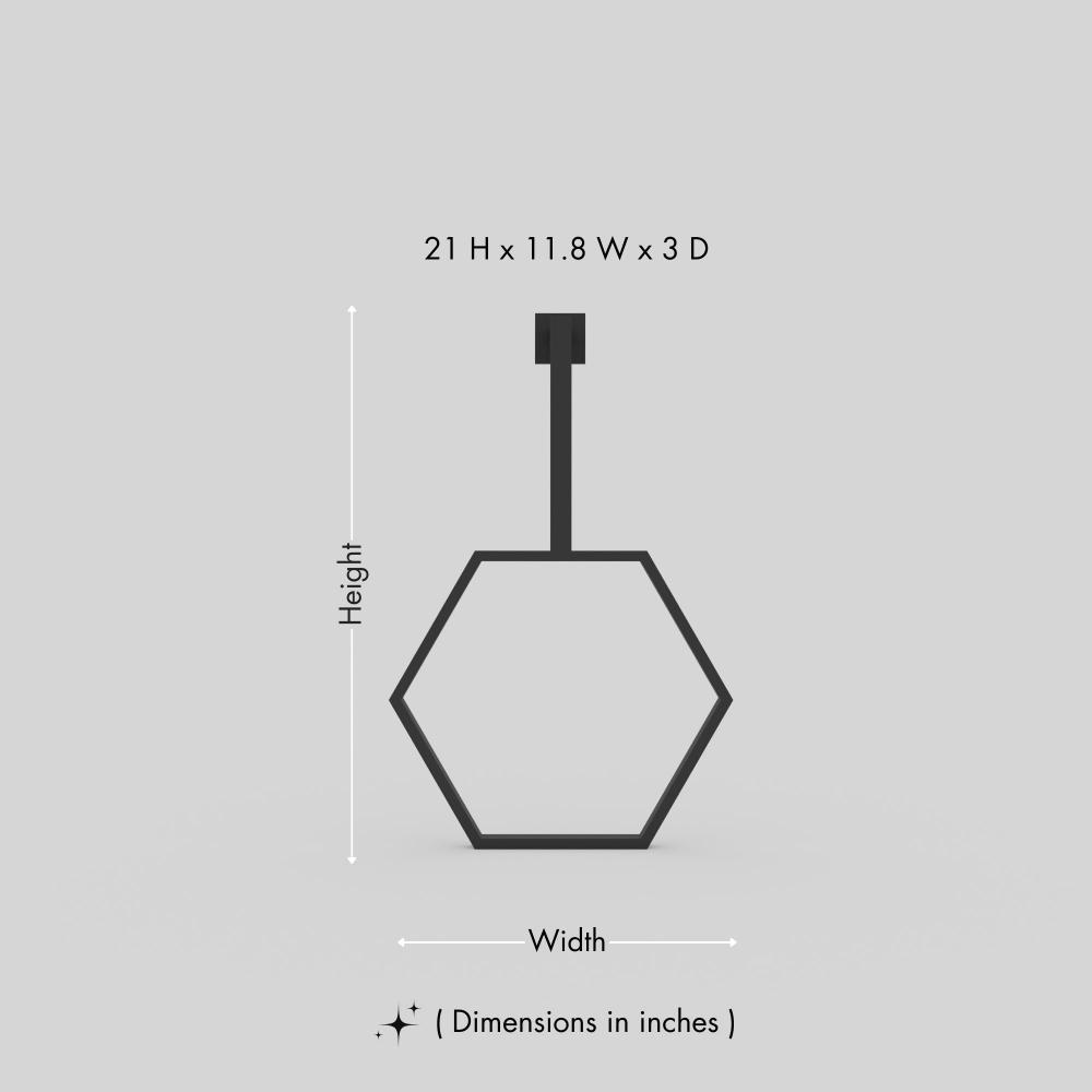 A detailed diagram of a hexagonal towel ring in black finish, indicating dimensions as 21 inches in height, 11.8 inches in width, and 3 inches in depth.. This diagram is labelled in inches; centimetre values are shown beside the image.