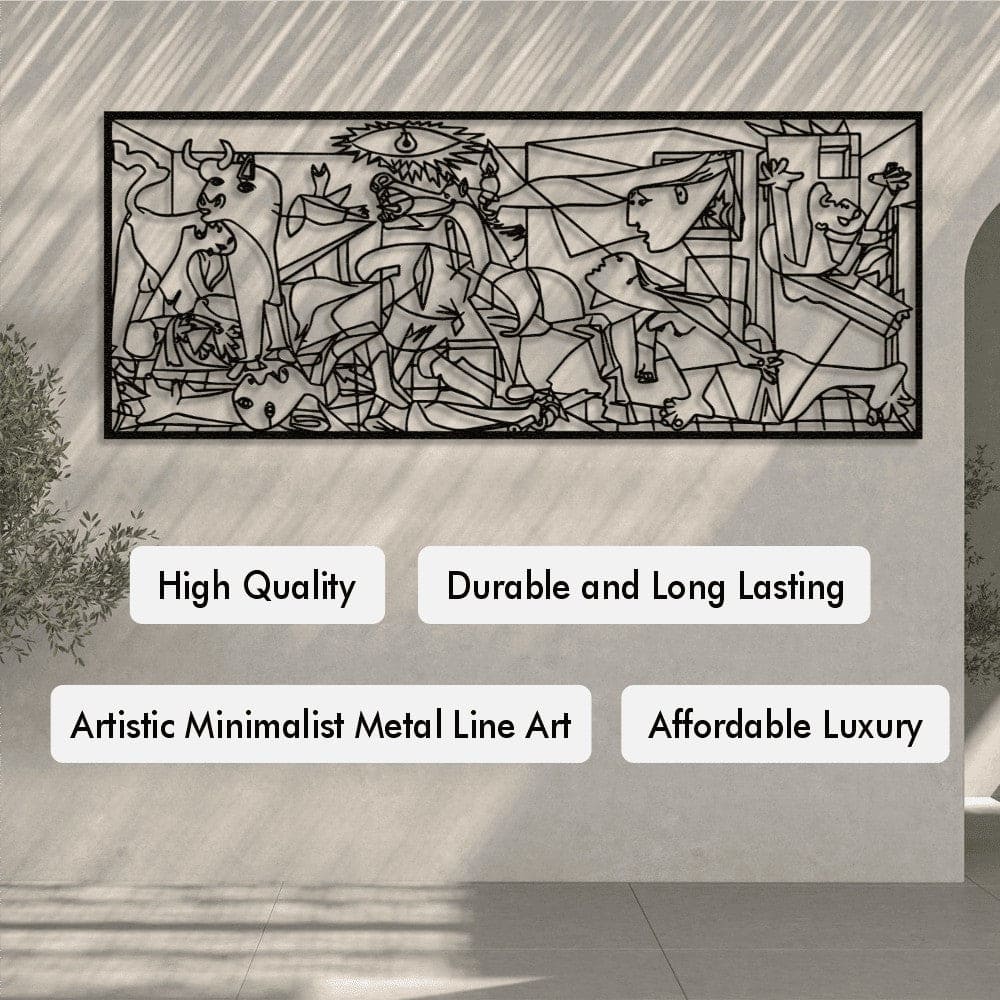 Large black metal wall art, Pablo Picasso's Guernica, displayed on a light-colored wall in a sunlit room.