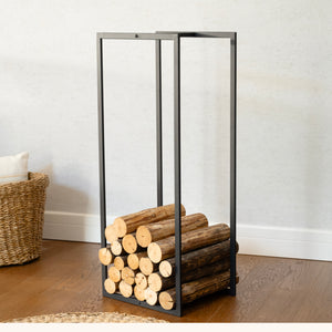 Minimalist Log Holder beside a fireplace, holding split firewood