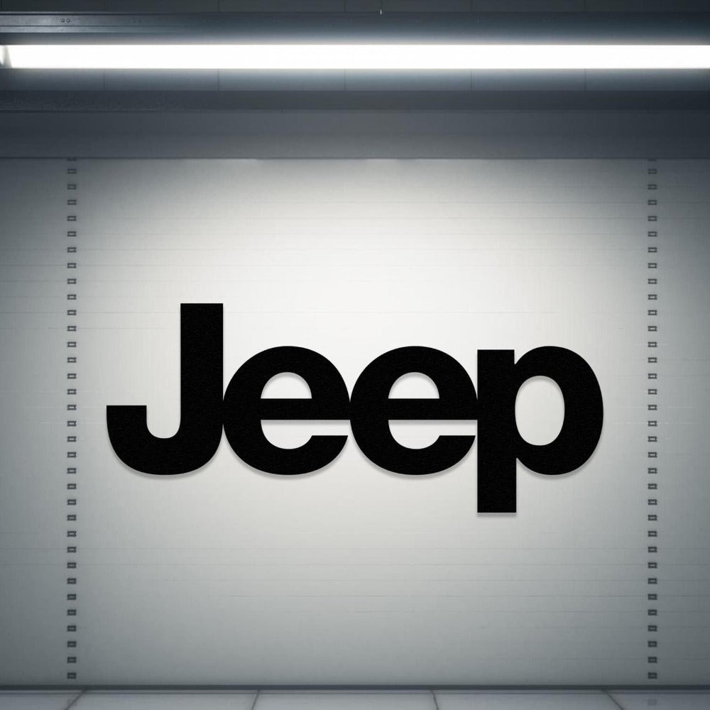 Jeep Car Logo Metal Wall Art in a garage