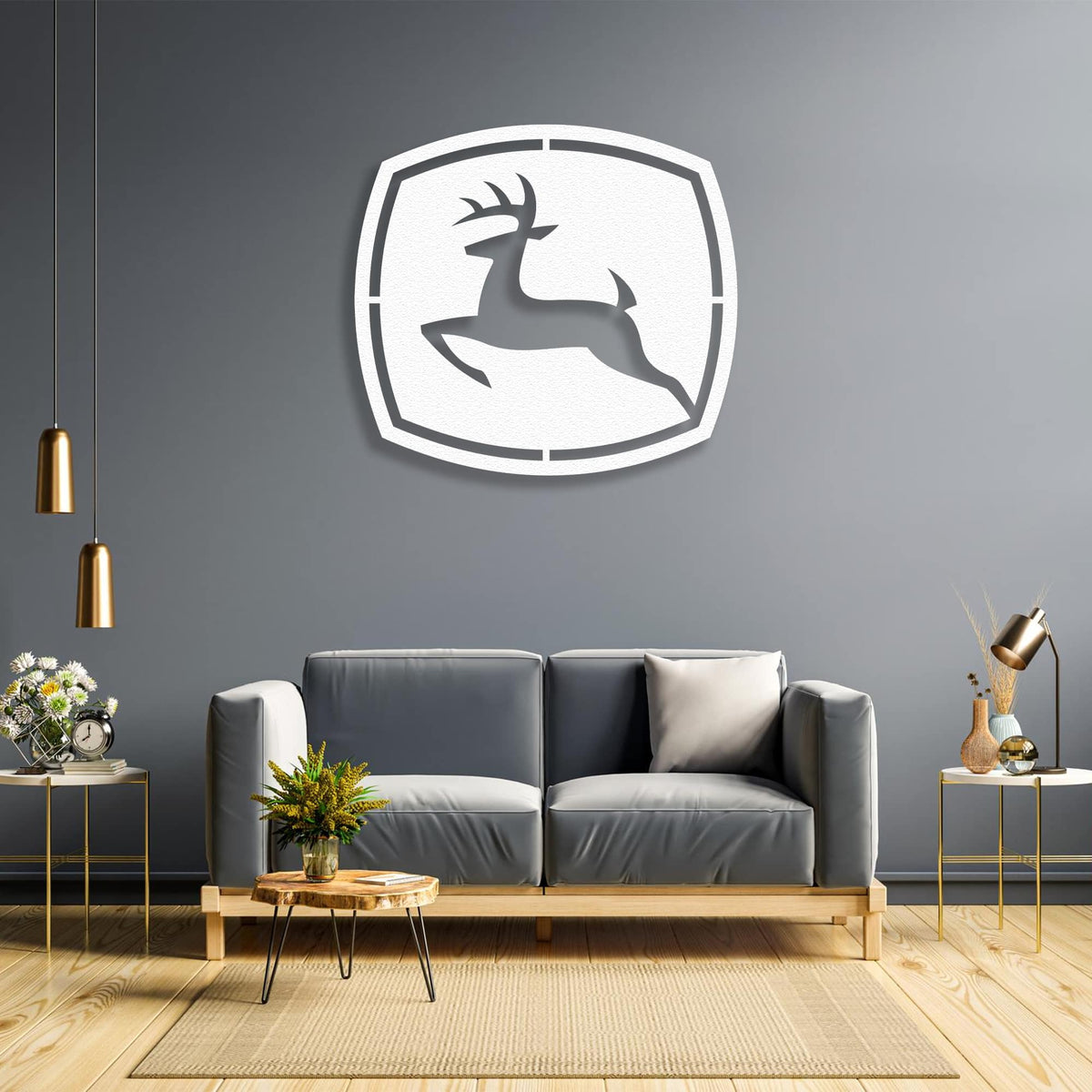 John Deere Metal Wall Art in white finish, laser-cut deer emblem mounted on a contemporary wall.