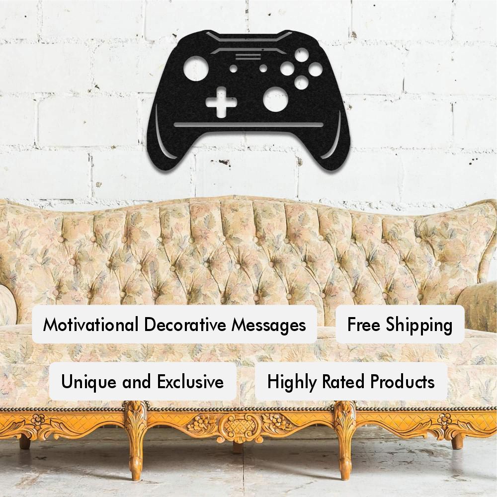 Video game controller-shaped metal wall art on a white brick wall above a vintage floral sofa.