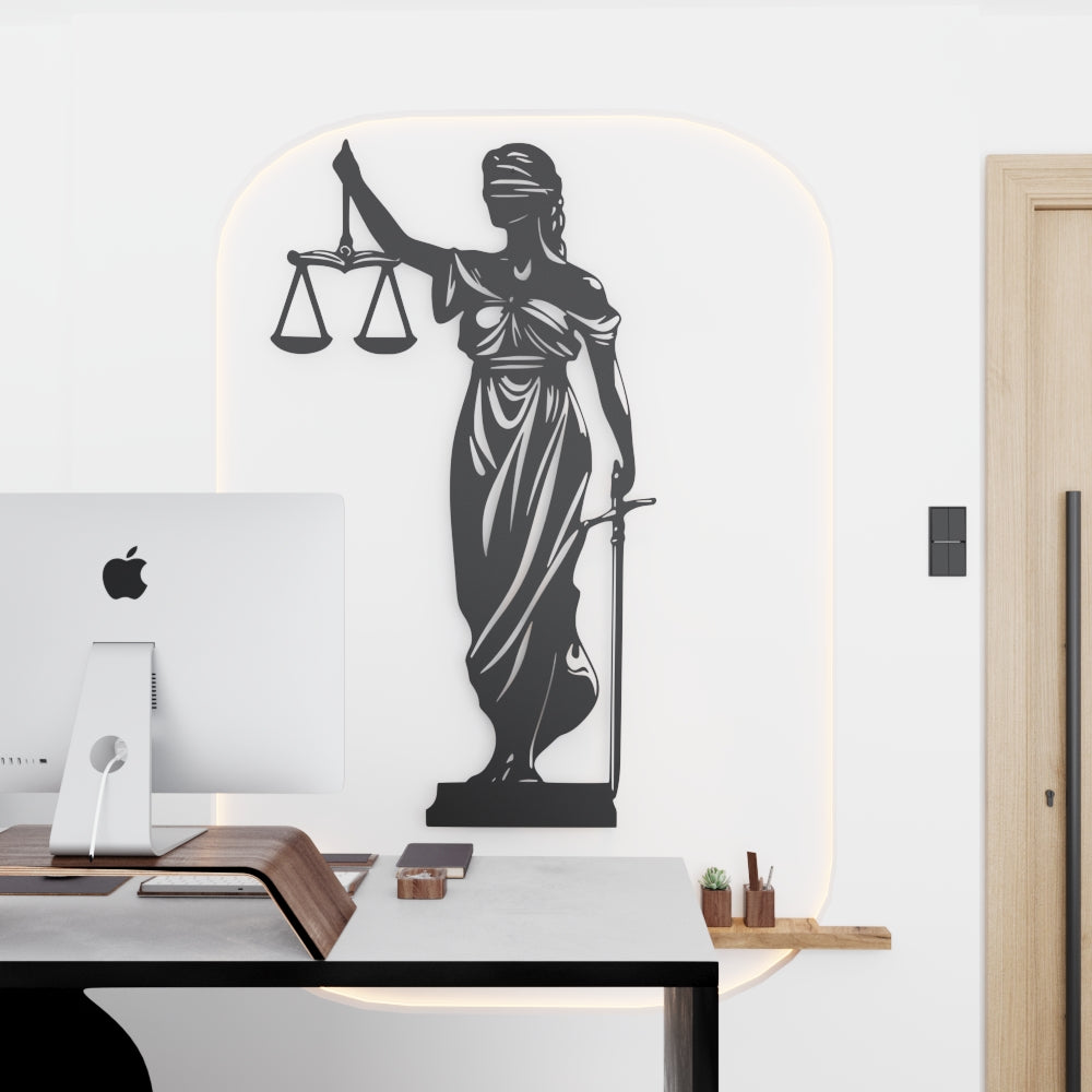 Decorative wall art of Lady Justice in a modern office setting