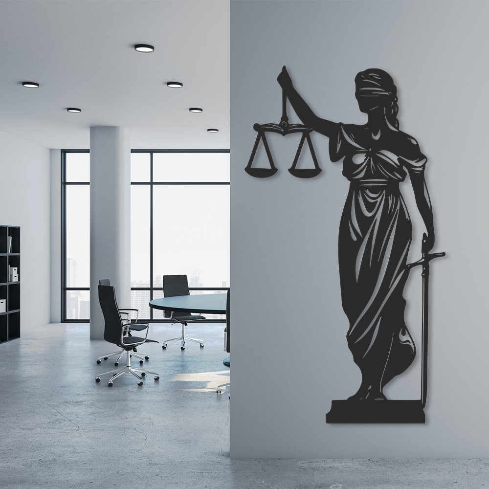 Decorative wall art of Lady Justice in a modern office setting
