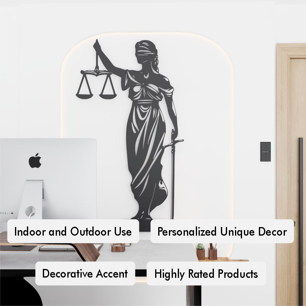 Laser-cut galvanized metal wall art of a classical figure holding scales and a sword in a room setting.