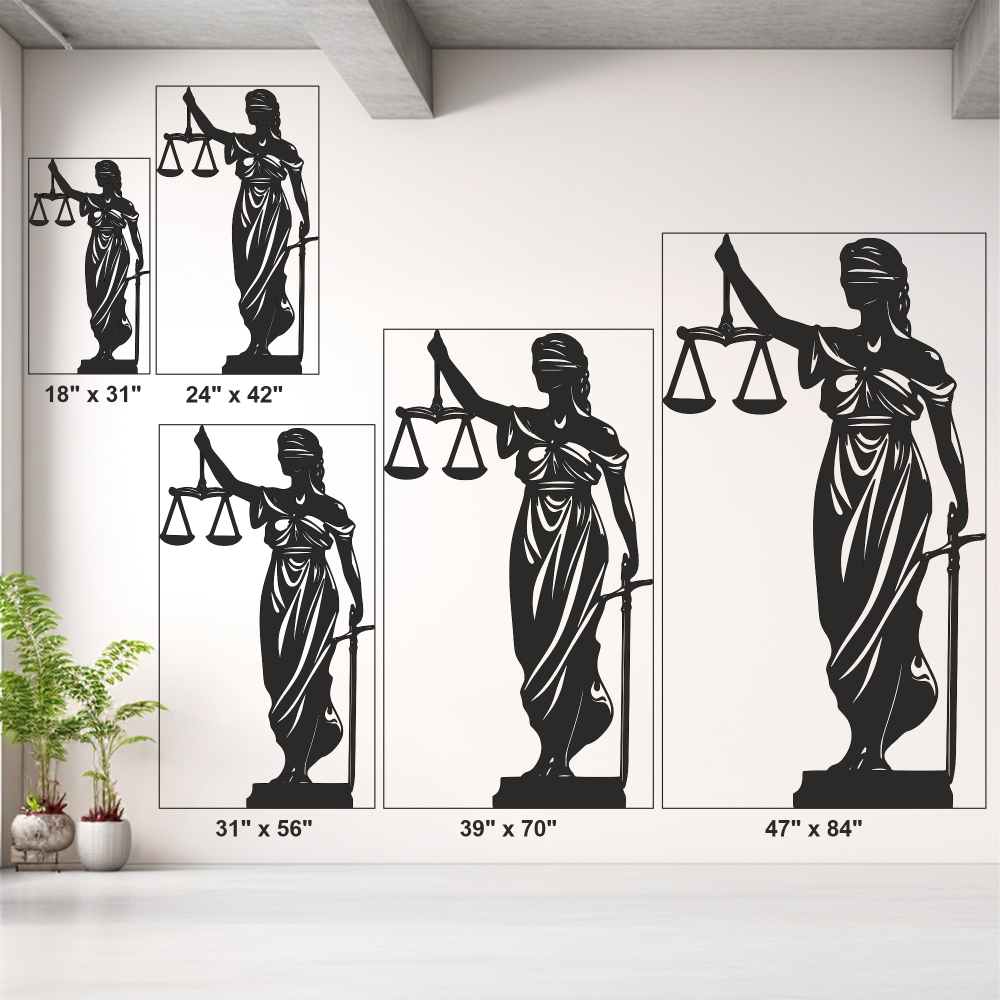 Laser-cut galvanized metal wall art of Lady Justice holding scales mounted on a white wall.