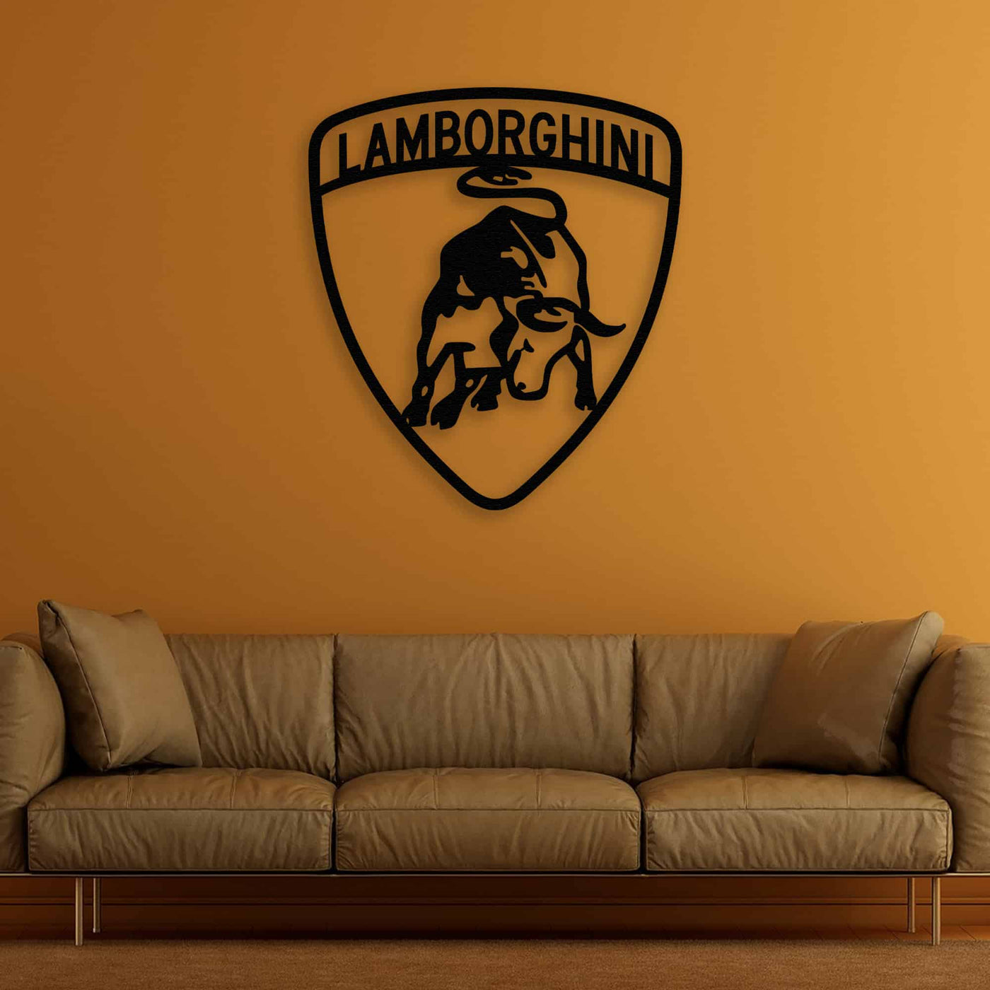 Lamborghini Metal Wall Art with the bull emblem mounted on a wall in a contemporary interior setting.