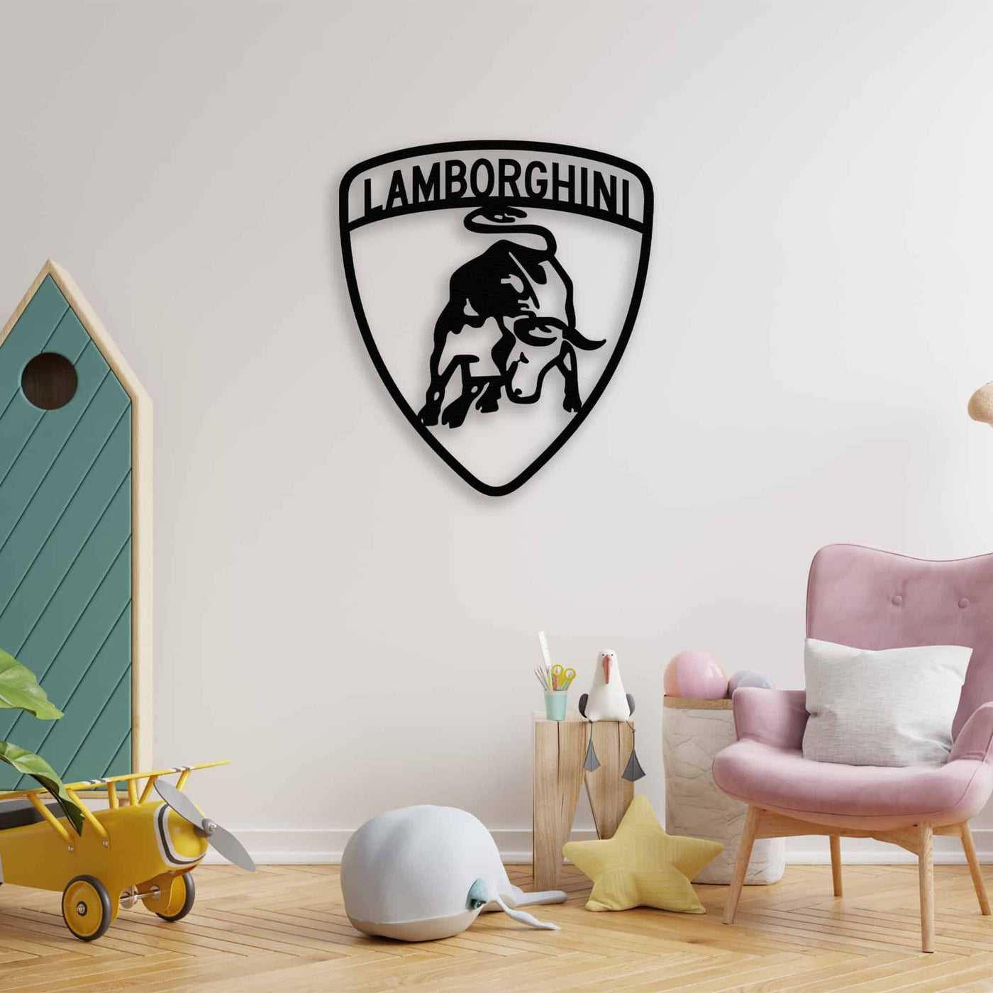 Close-up of Lamborghini Bull Emblem Metal Wall Art details