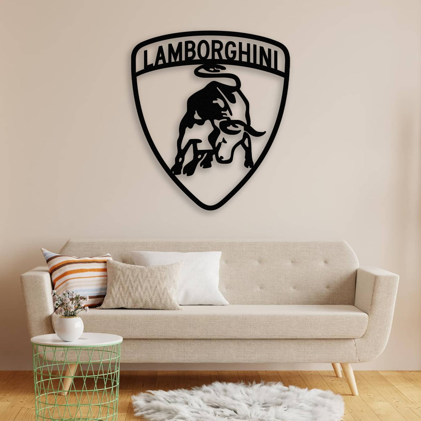 Lamborghini Bull Emblem Metal Wall Art in a living room