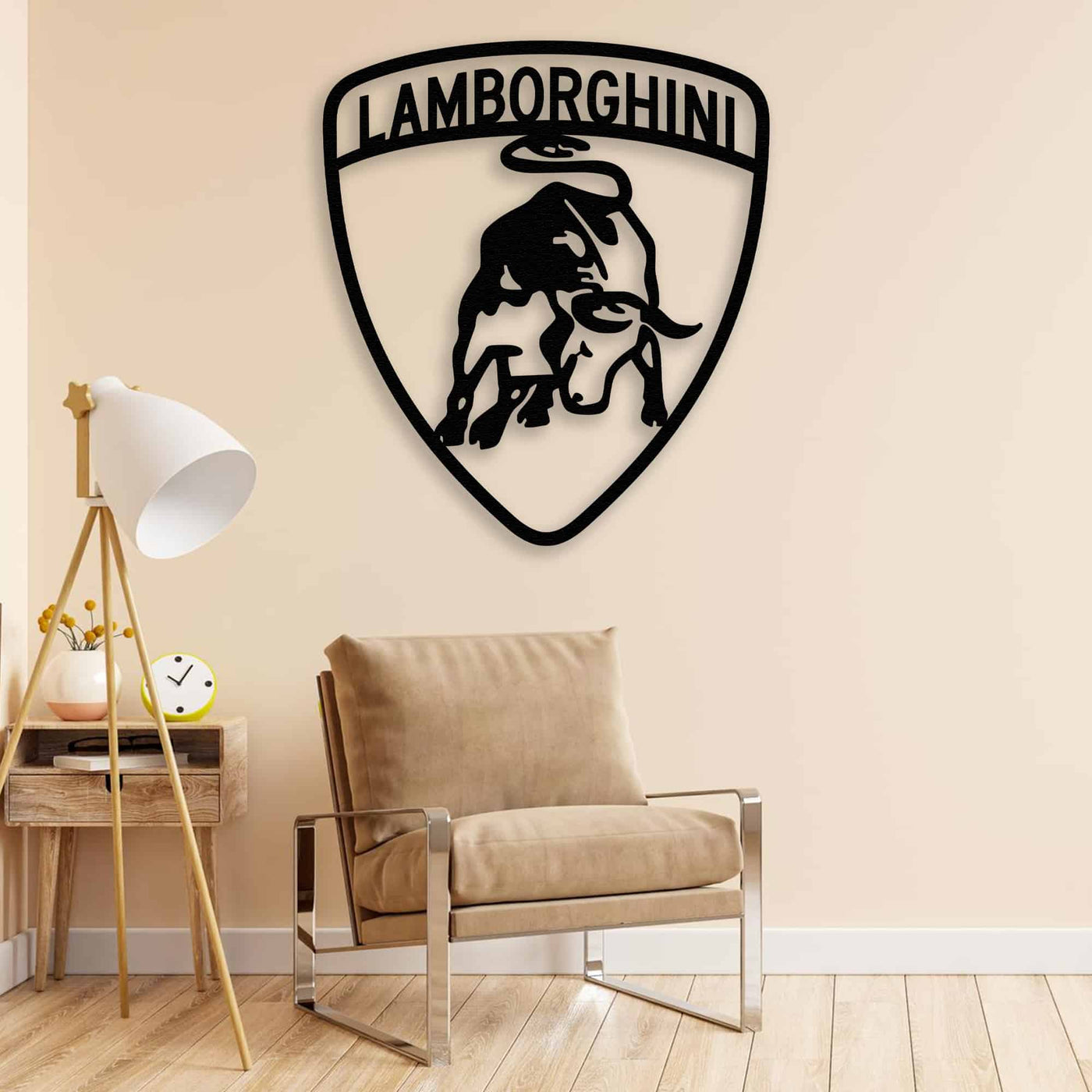Lamborghini Bull Emblem Metal Wall Art in a garage