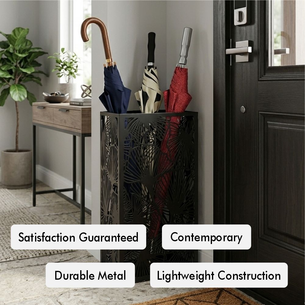 Leaf pattern metal umbrella stand feature highlights for botanical-inspired entryway storage decor