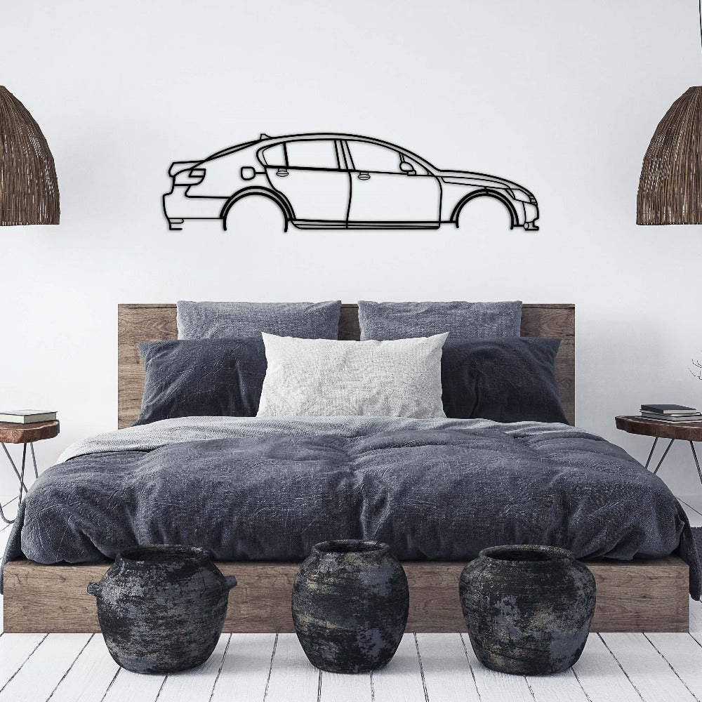 Lexus GS 350 RWD 2008 car silhouette metal wall art displayed above a bed.