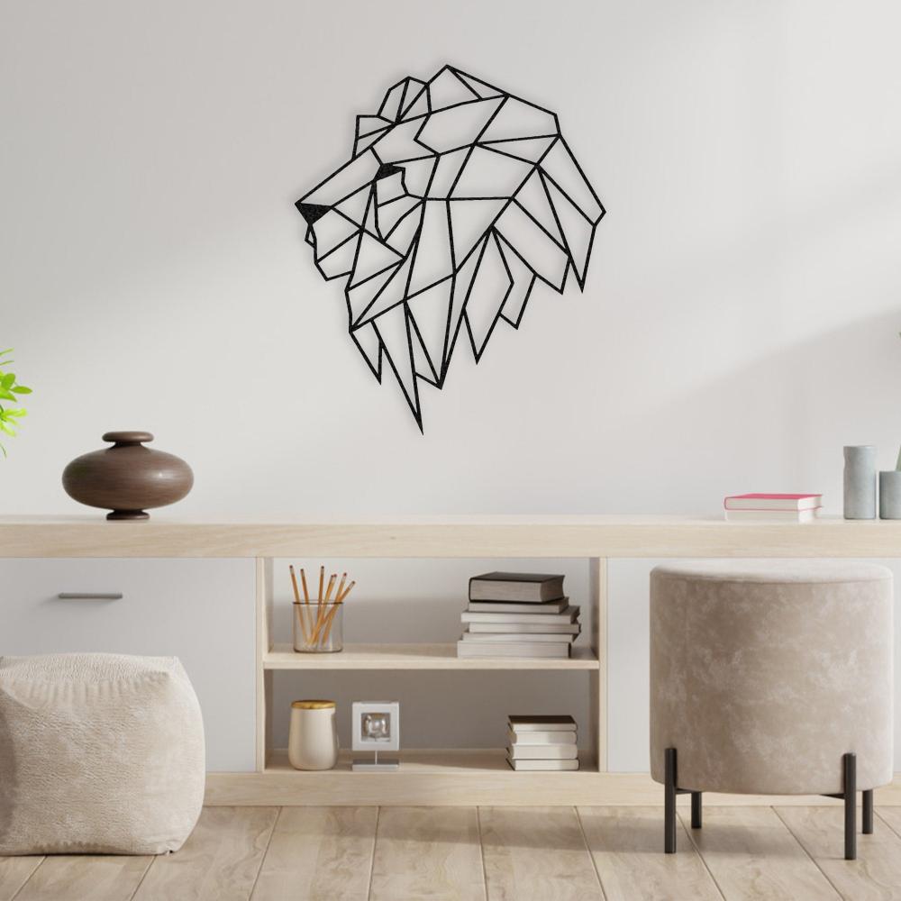 Geometric Lion Head Metal Wall Art in an office