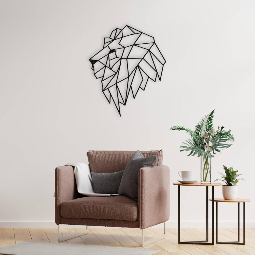 Geometric Lion Head Metal Wall Art in a living room