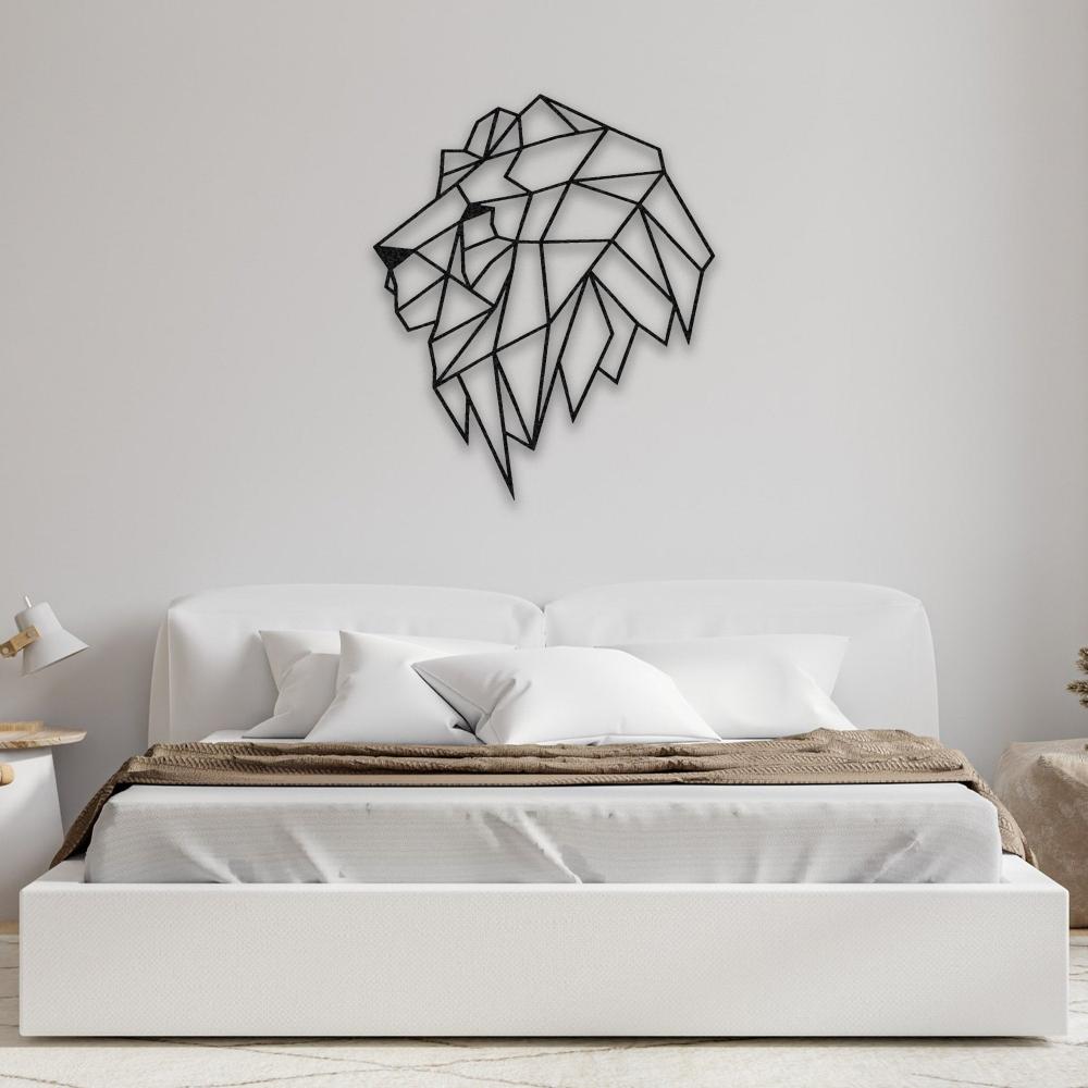 Geometric Lion Head Metal Wall Art in a bedroom
