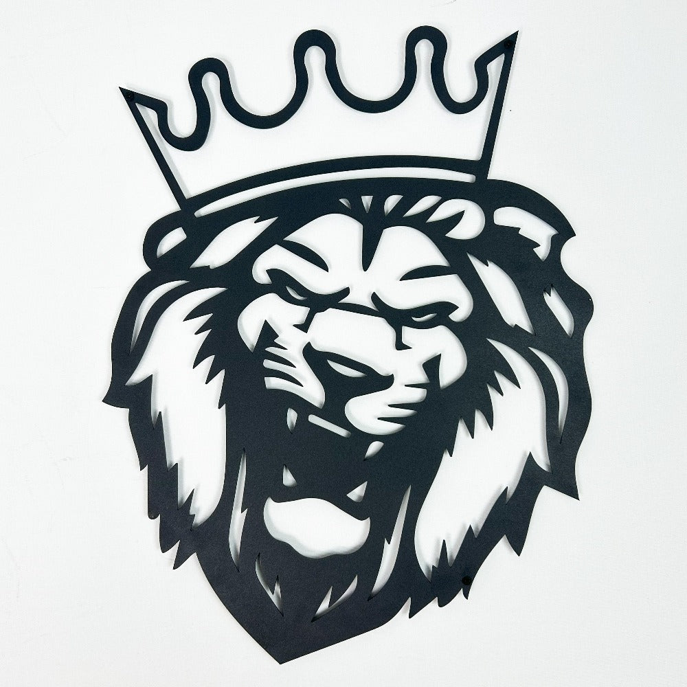 Close-up of black Crowned Lion Head Metal Wall Art details