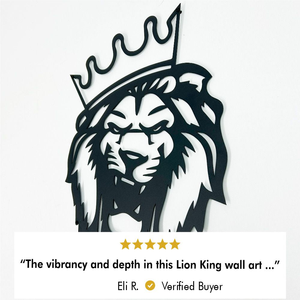 Stylized black lion silhouette with a crown metal wall art, displayed in a contemporary living-room setting.