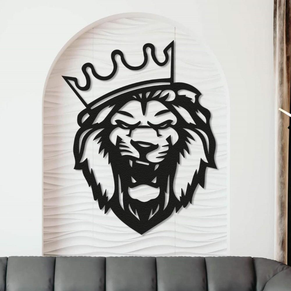Black Crowned Lion Head Metal Wall Art in a living room