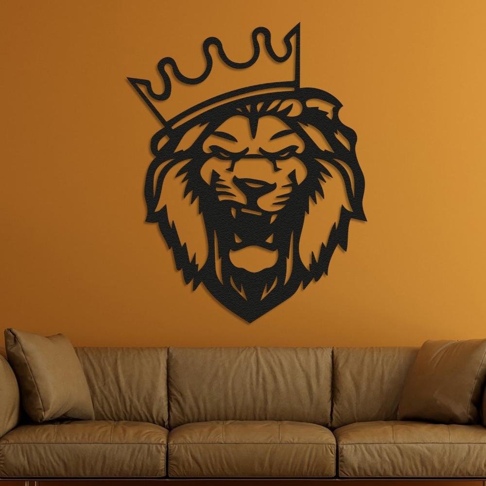 Black Crowned Lion Head Metal Wall Art in a living room