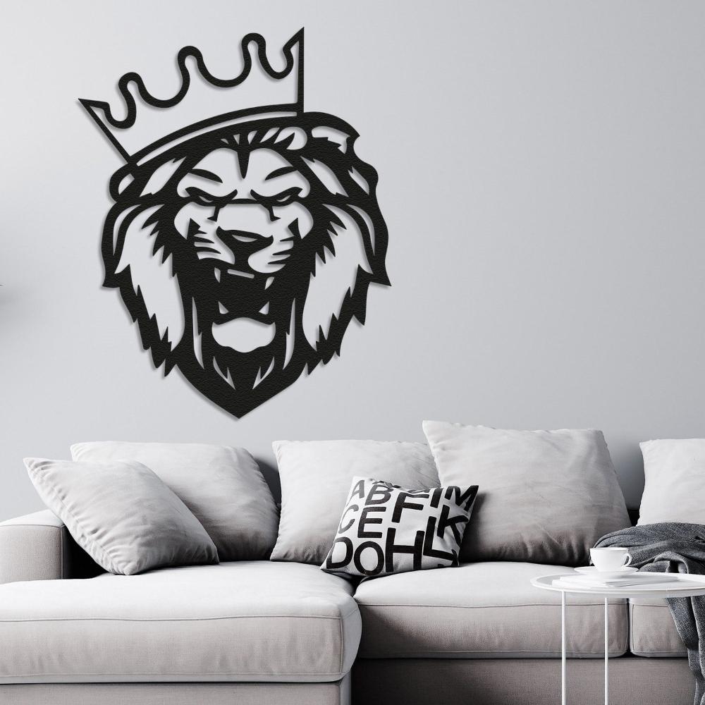 Black Crowned Lion Head Metal Wall Art in a living room
