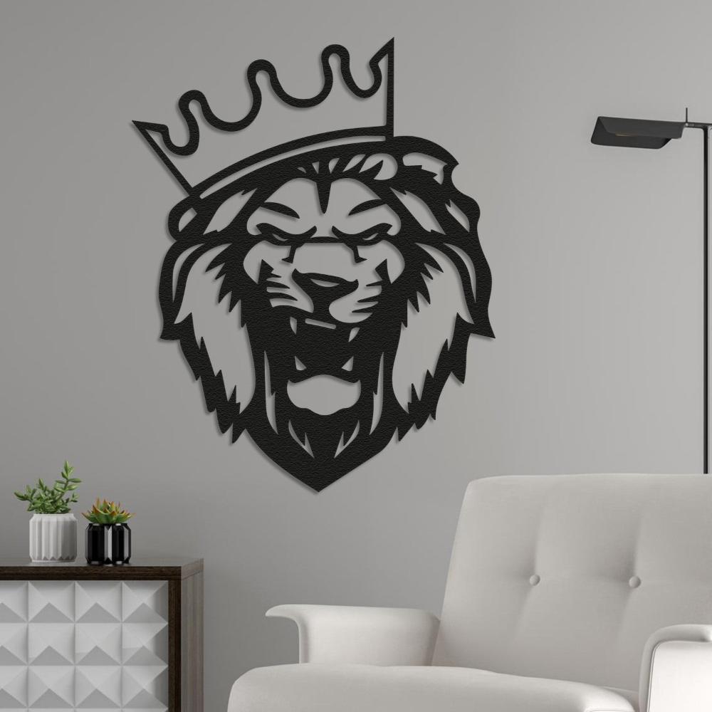 Black Crowned Lion Head Metal Wall Art in a living room