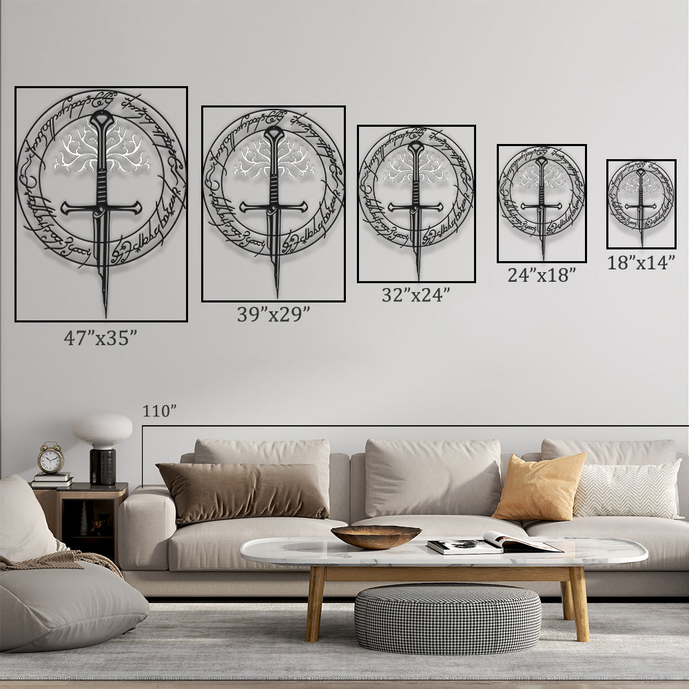 Fantasy sword wall art with white tree metal design.