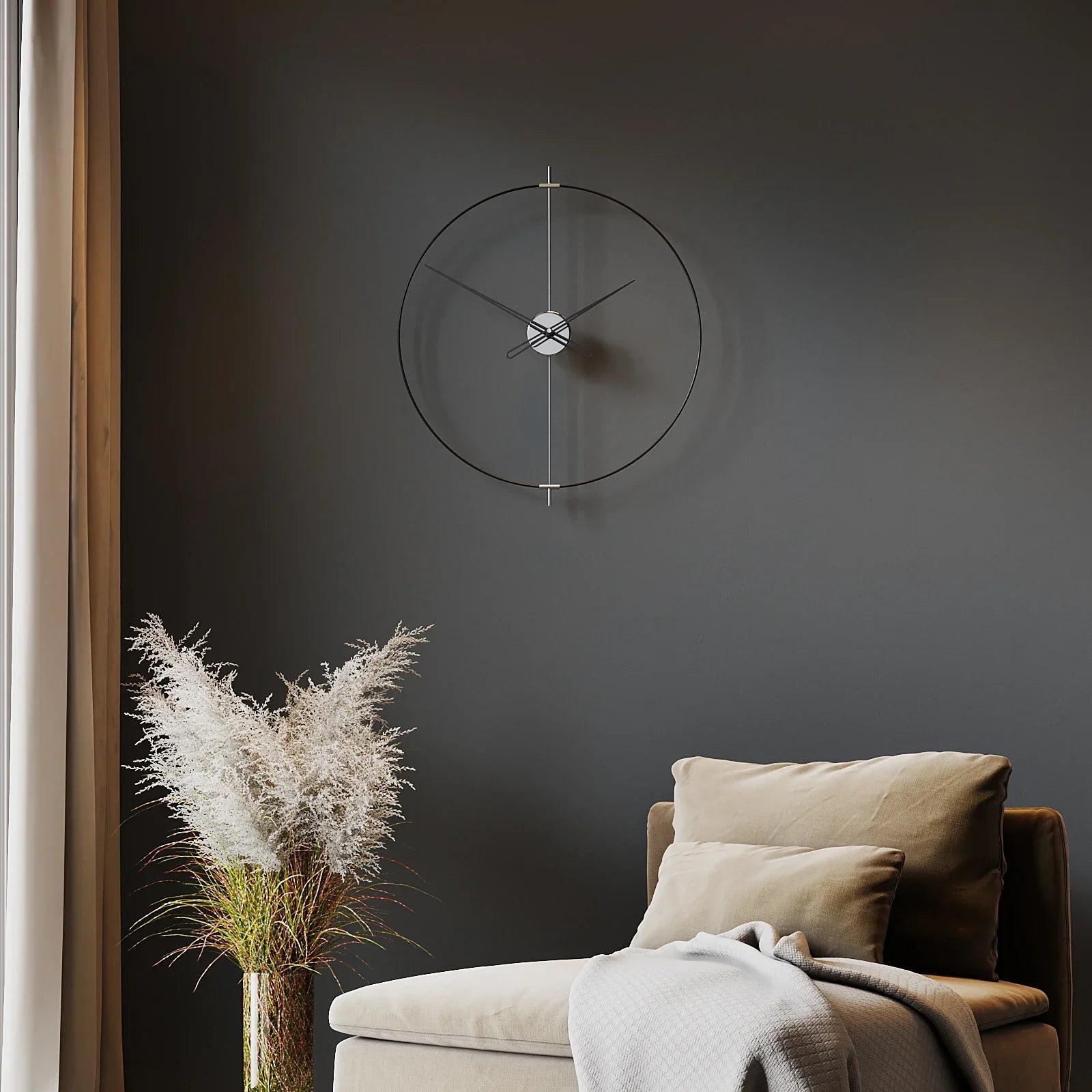 Modern interior with a chaise lounge, decorative plant, and wall clock.